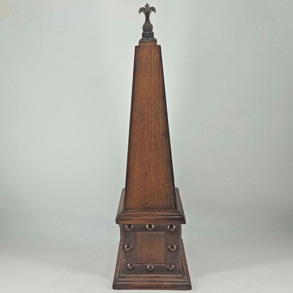 Vintage wood brass finial nail head leather trim tall Obelisk figurine decor 21"